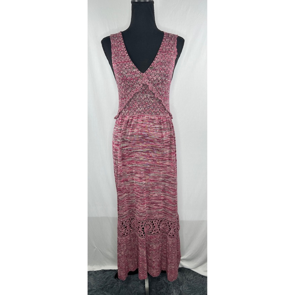 Anthropologie Odd Molly Maxi‎ Dress Knit Sleeveless V Neck Crochet Pink Size 2